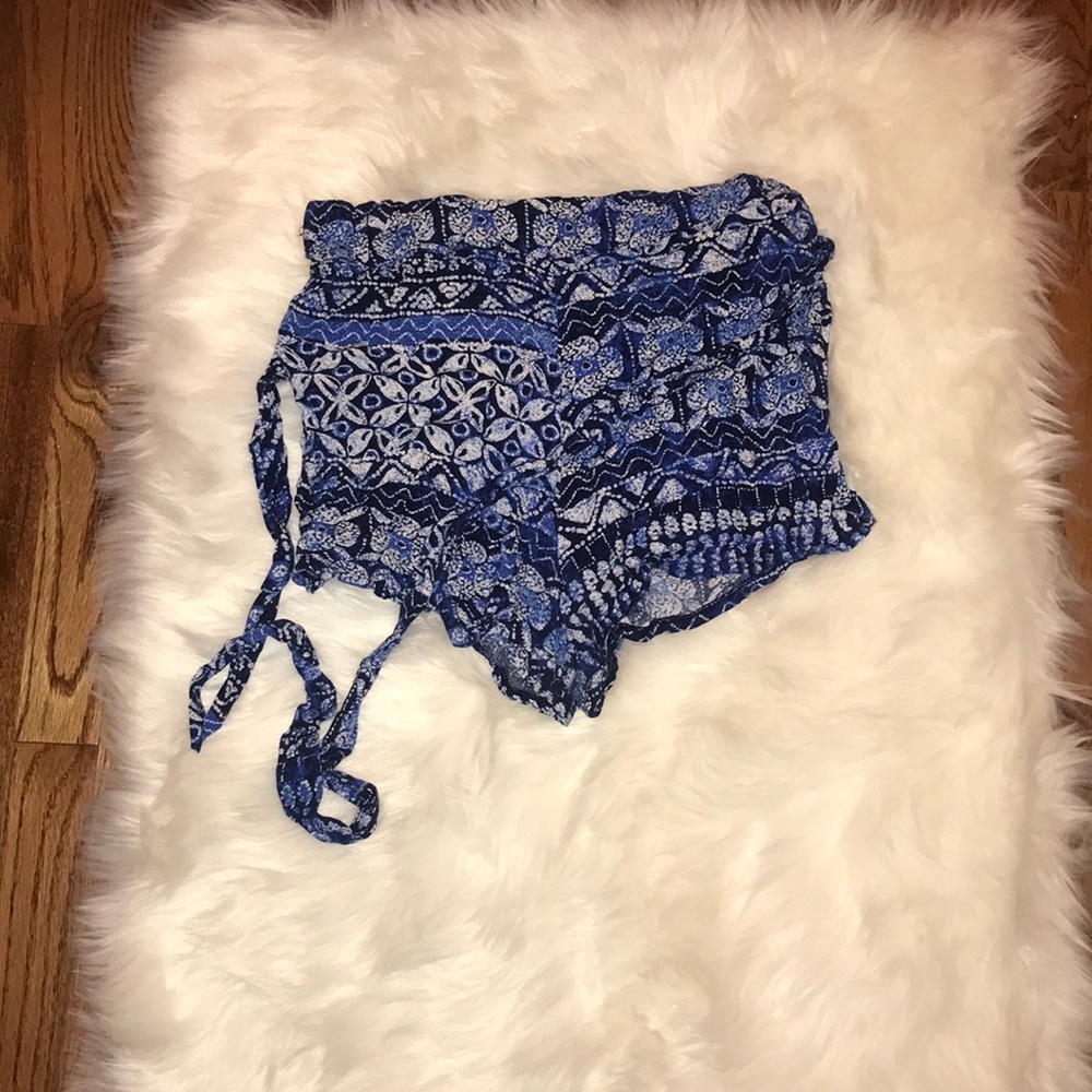 Blue Tribal Print Shorts with Tie